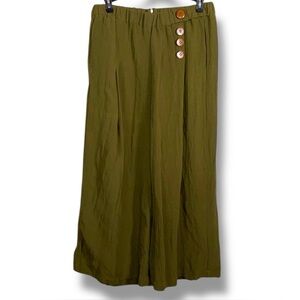 Juniors Large GeeGee Military Gree Wide Leg Pants Palazzo Textured Elastic Boho